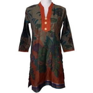 Kurti shirt dress deep side slits floral orange green